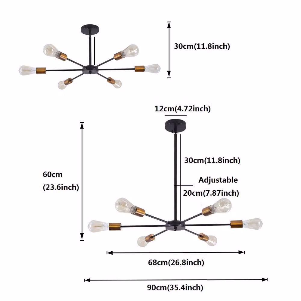 NIVOR 6-Light Sputnik Industrial Mid-Century Flush Mount Ceiling Chandelier in Black and Gold/Brass – 2
