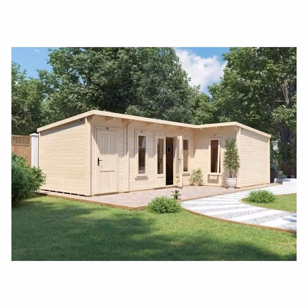 Dunster House HellWolf L-Shaped Log Cabin with Pent Roof in Brown and Beige, 45mm Wood Walls and 24mm Double Glazed Windows, W: 8m, D: 5m – 4