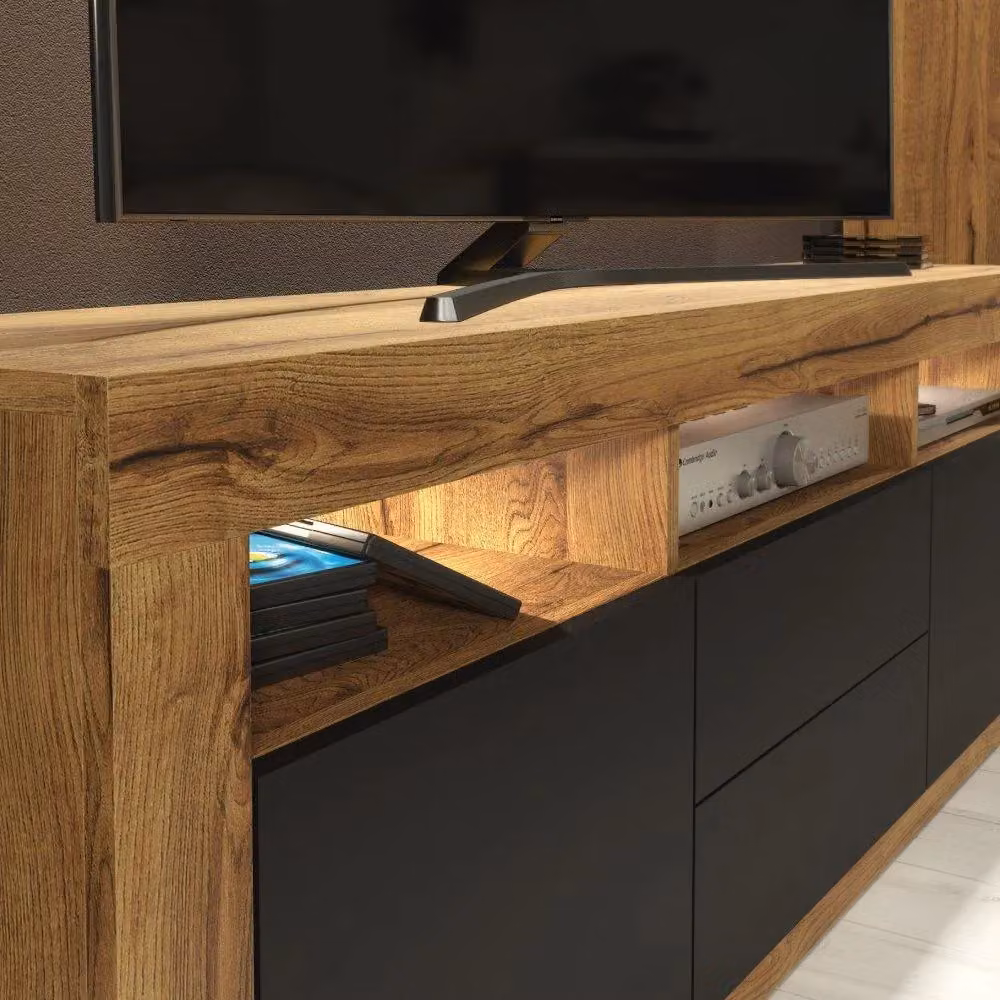 Mex Furniture LTD Modern TV Unit with LED Lights and Matt Drawers and Doors in Brown Oak, W: 160 cm, D: 35 cm, H: 60 cm – 3