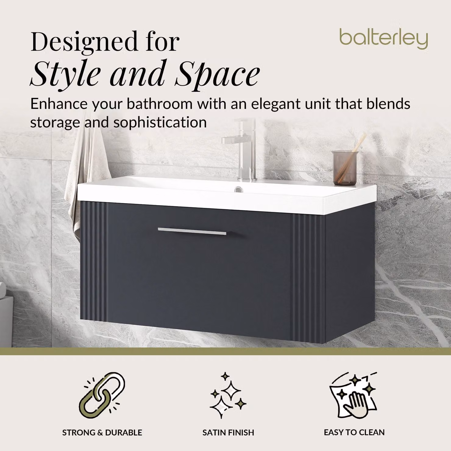 Balterley Wall Hung 1 Drawer Vanity Unit with Thin-Edge Basin, Dark Grey – 2