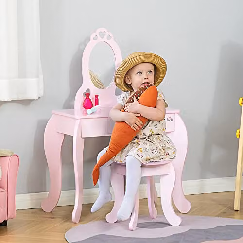 HOMCOM Kids Vanity Table and Stool Dressing Set with Mirror in Pink, W/D/H: 88 x 36 x 36 cm – 2