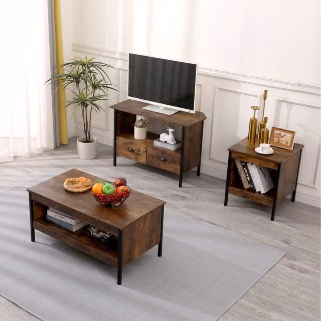 HMD Brown and Black Living Room Furniture Set with Coffee Table, Lamp Table and Corner TV Unit