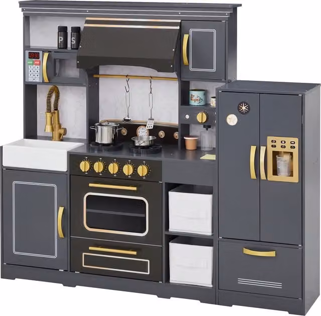 Teamson Kids Wooden Play Kitchen in Anthracite Grey and Gold
