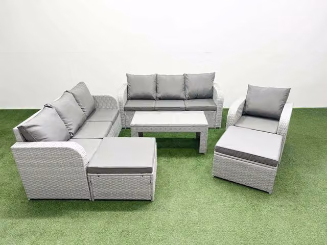 Fimous 9 Seater Grey Poly Rattan Garden Furniture Set with Oblong Coffee Table, Two 3 Seater Sofas, Two Reclining Chairs and Two Footstools
