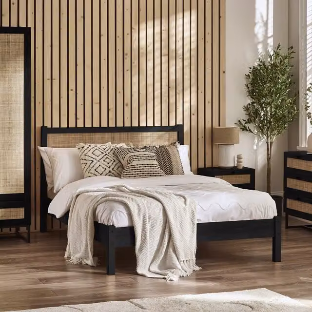 Julian Bowen Padstow Boho Rattan Bed in Black, W/D/H: 180 x 200 cm