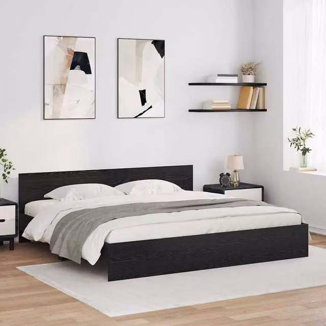 Berkfield Home Modern Bed Frame with Headboard and Under-Bed Lighting in Black Oak, W/D/H: 200 x 200 cm