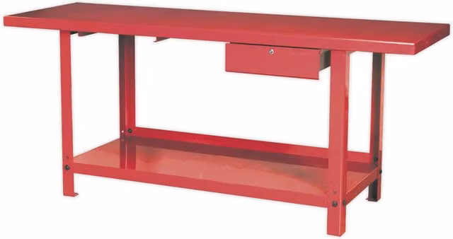 Loops Red Steel Workbench with Locked Drawer and Bottom Shelf Storage, W: 200 cm, D: 65 cm, H: 86.5 cm