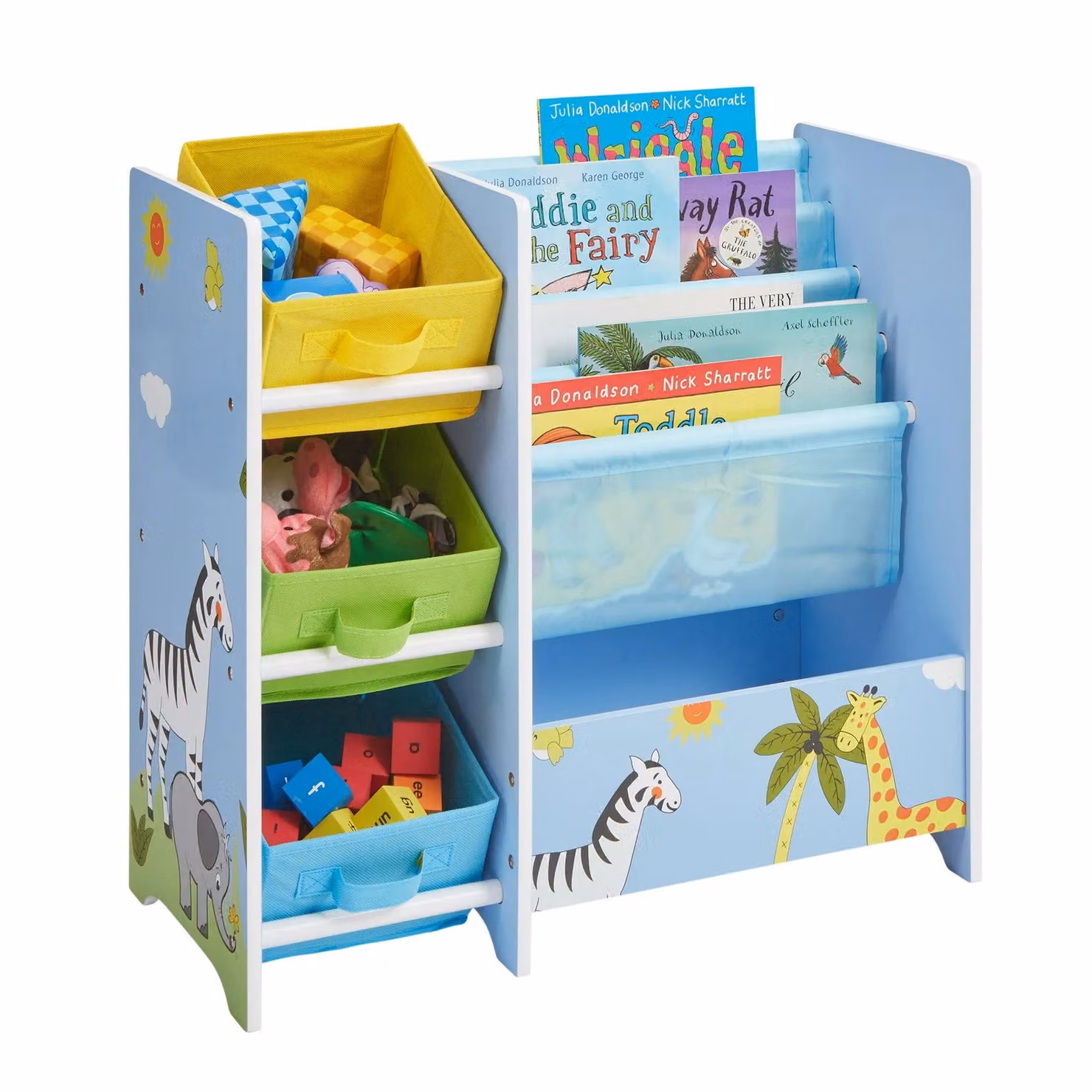 Liberty House Toys Safari Kids Book Display Unit with 3 Fabric Storage Boxes in Pale Blue – 2