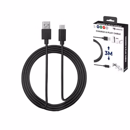Subsonic Charge and Play USB-C Cable for PS5 DualSense, Nintendo Switch Pro and Xbox Series X Controllers in White and Black – 2