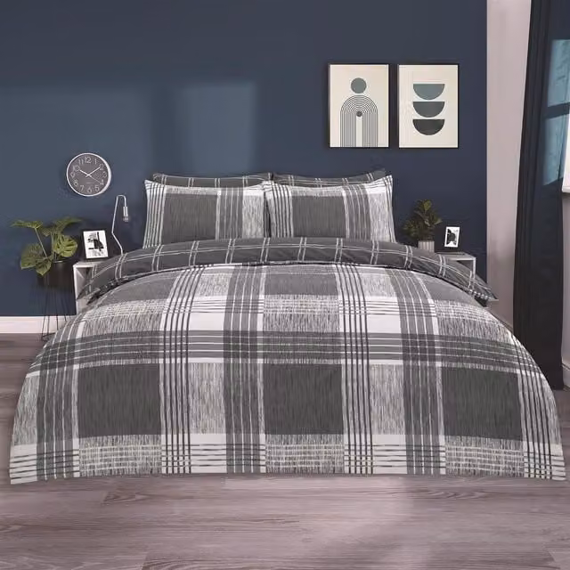 OHS Grey Checked Tartan Duvet Cover Set, W/D/H: 90 x 200 cm