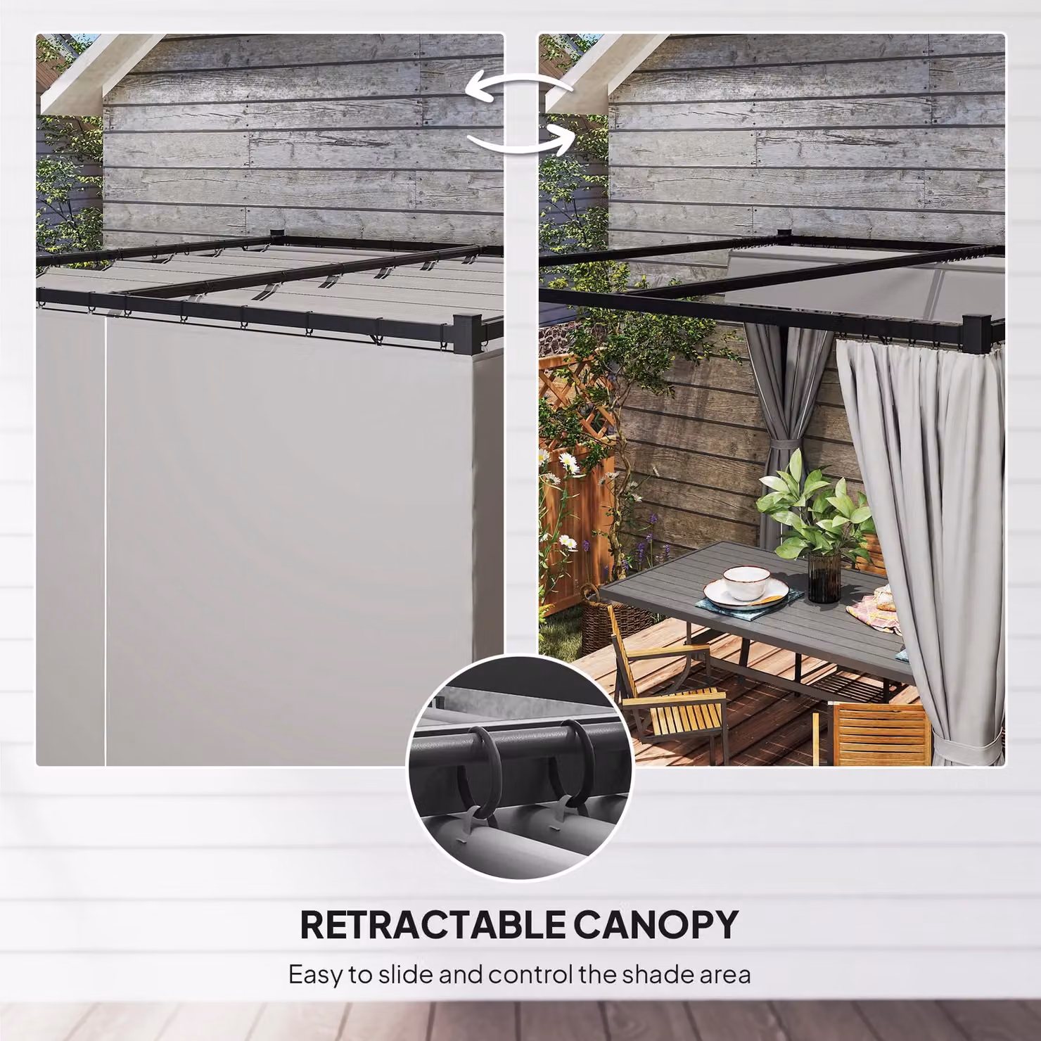 OUTSUNNY Metal Pergola with Retractable Roof and Curtains in Light Grey, W: 300 cm, D: 300 cm, H: 227 cm – 4