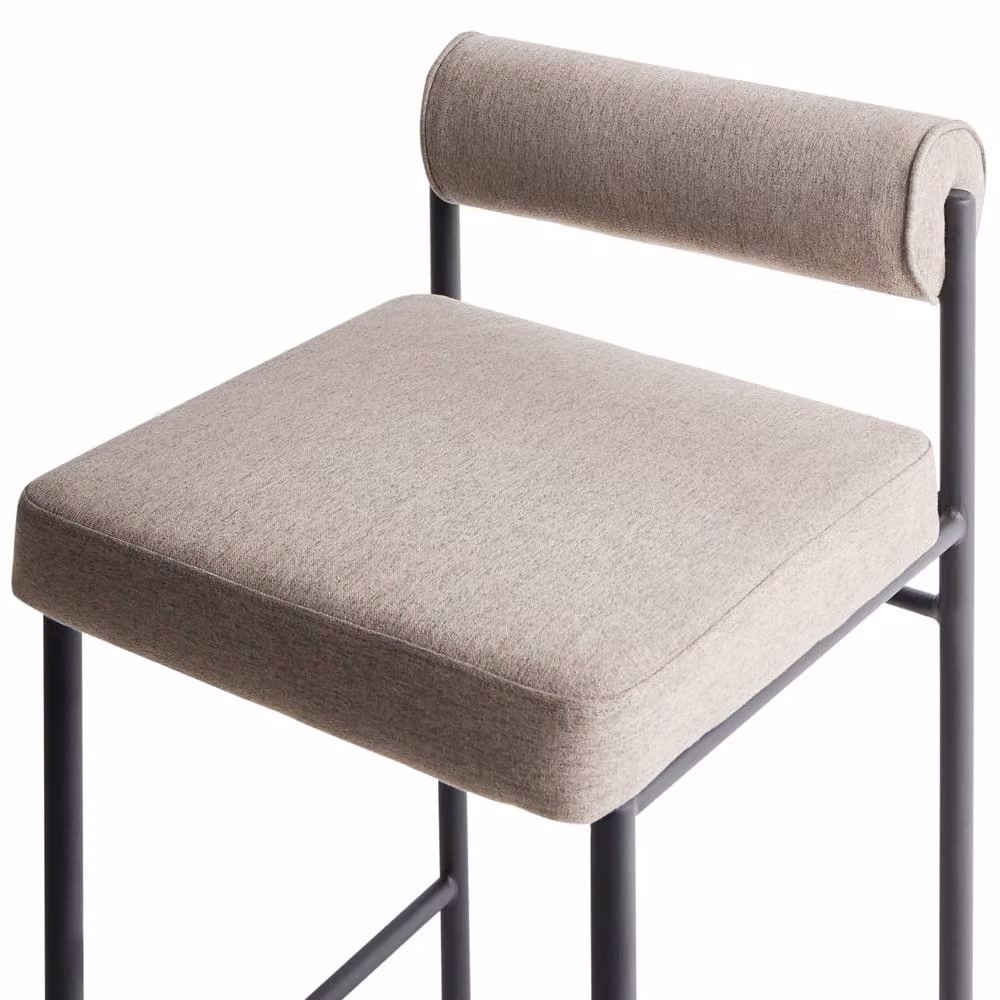 Wyld and Coco Set of 2 Taupe Armless Bar Stools with Roll Backrest and Black Powder Coated Metal Legs in Beige – 3