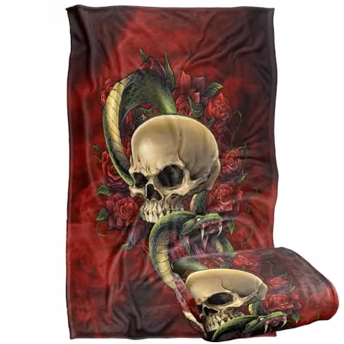 JQ Licensing Brian Allen Skull Snake and Roses Super Soft Silky Touch Fleece Throw Blanket, Multicolour, W/D/H: 91 x 147 cm – 1