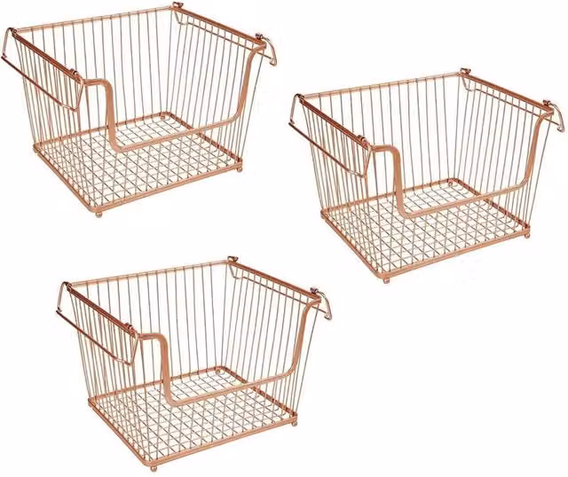 EONLION 3-Piece Stackable Metal Wire Mesh Storage Baskets with Handles in Gold, Width: 50 cm