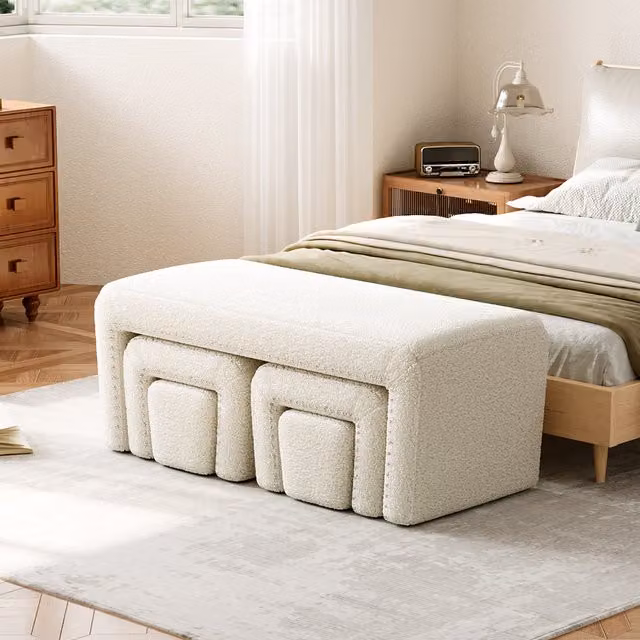 Komore Stackable White Bouclé Padded Ottoman Bench Set with Wood Frame