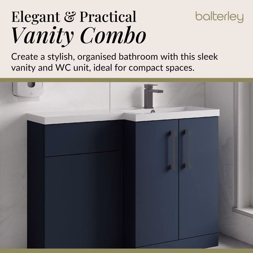 Balterley Modern Blue Right-Hand Vanity and WC Unit Combination with Brushed Pewter Details, W: 110 cm, H: 84 cm – 3
