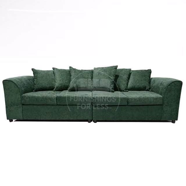Furnishings For Less UK Monaco Green Chenille Fabric 4 Seater Curved Arm Sofa with Scatter Cushions