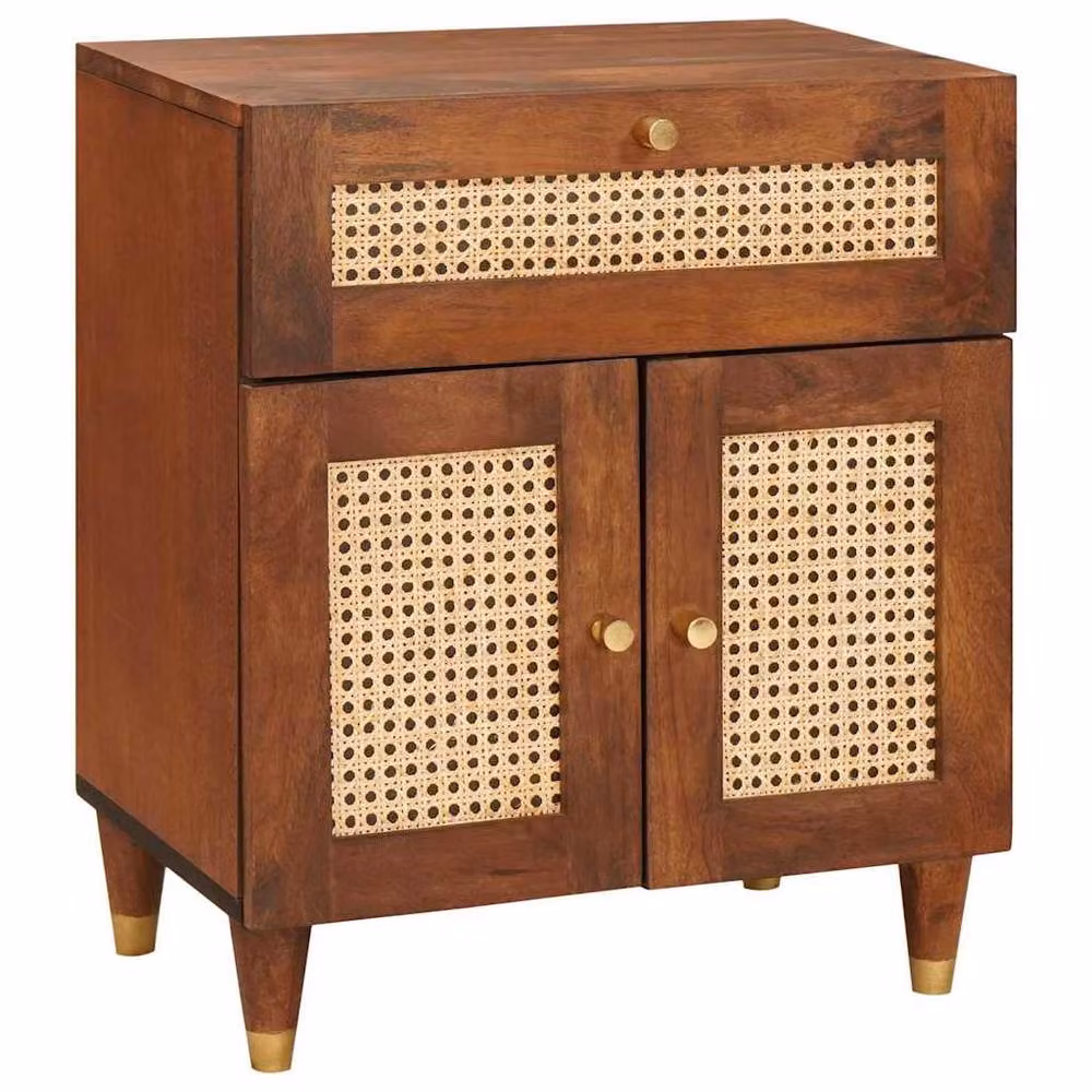 Berkfield Home Brown Cane and Solid Mango Wood Bedside Table with Drawer – 2