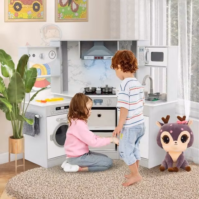 Costway Kids Corner Kitchen Playset in Grey and White