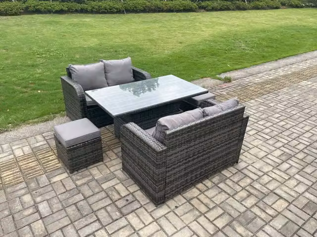 Fimous Dark Grey Outdoor Rattan Garden Dining Set with Height Adjustable Table and 2 Footstools