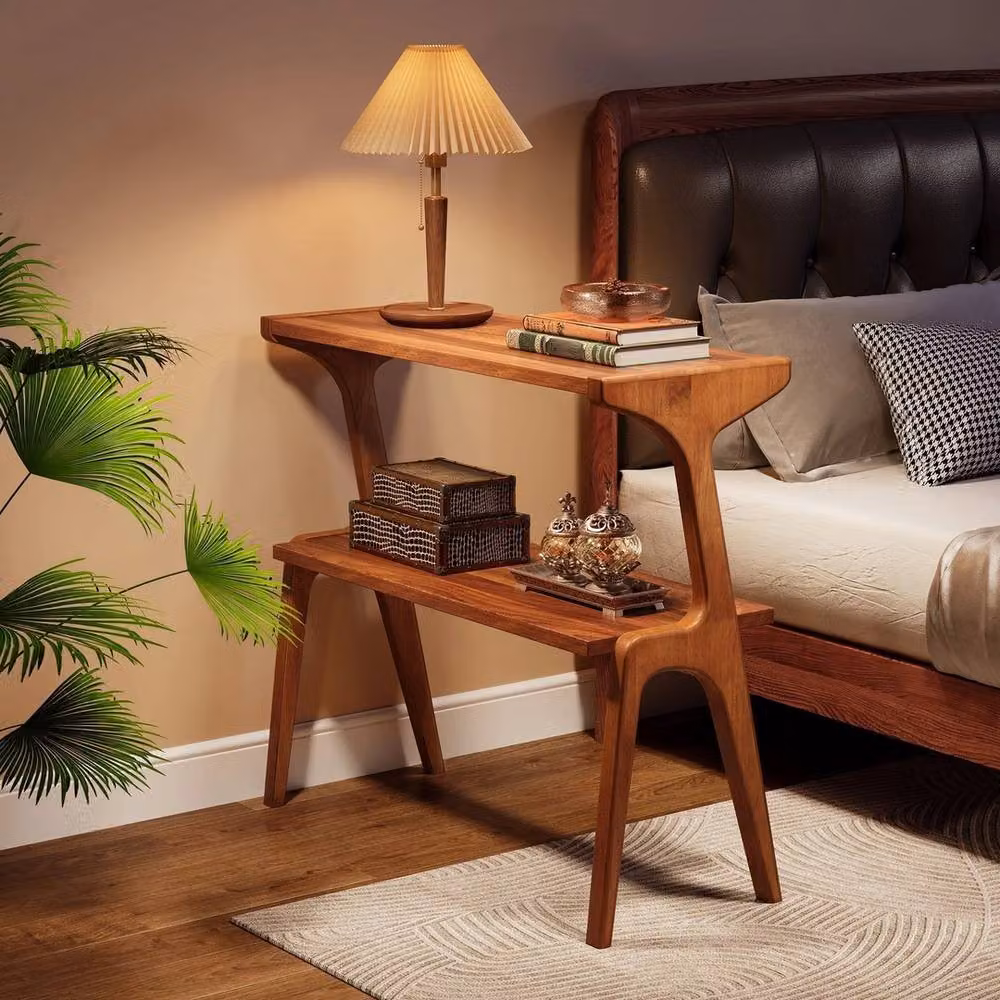 VOGREX Modern 2-Tier Solid Rubberwood End Table in Brown, W: 30.0 cm, D: 30.0 cm, H: 67.0 cm – 5