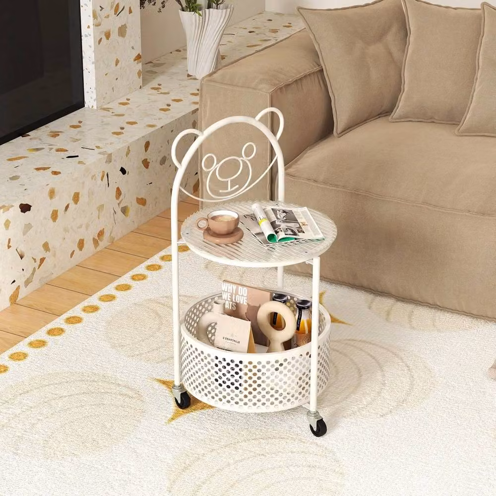 FORGEVIO 2-Tier Round Mobile Glass Coffee Table with Bear Pattern in White – 2