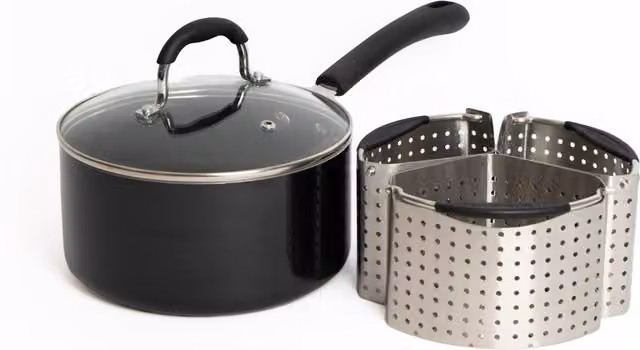 MasterClass 4pc Saucepan Bundle including 20cm Heavy Duty Non-Stick Saucepan with Lid and 3x Stainless Steel Saucepan Divider Baskets in Black and Multicolour – 1