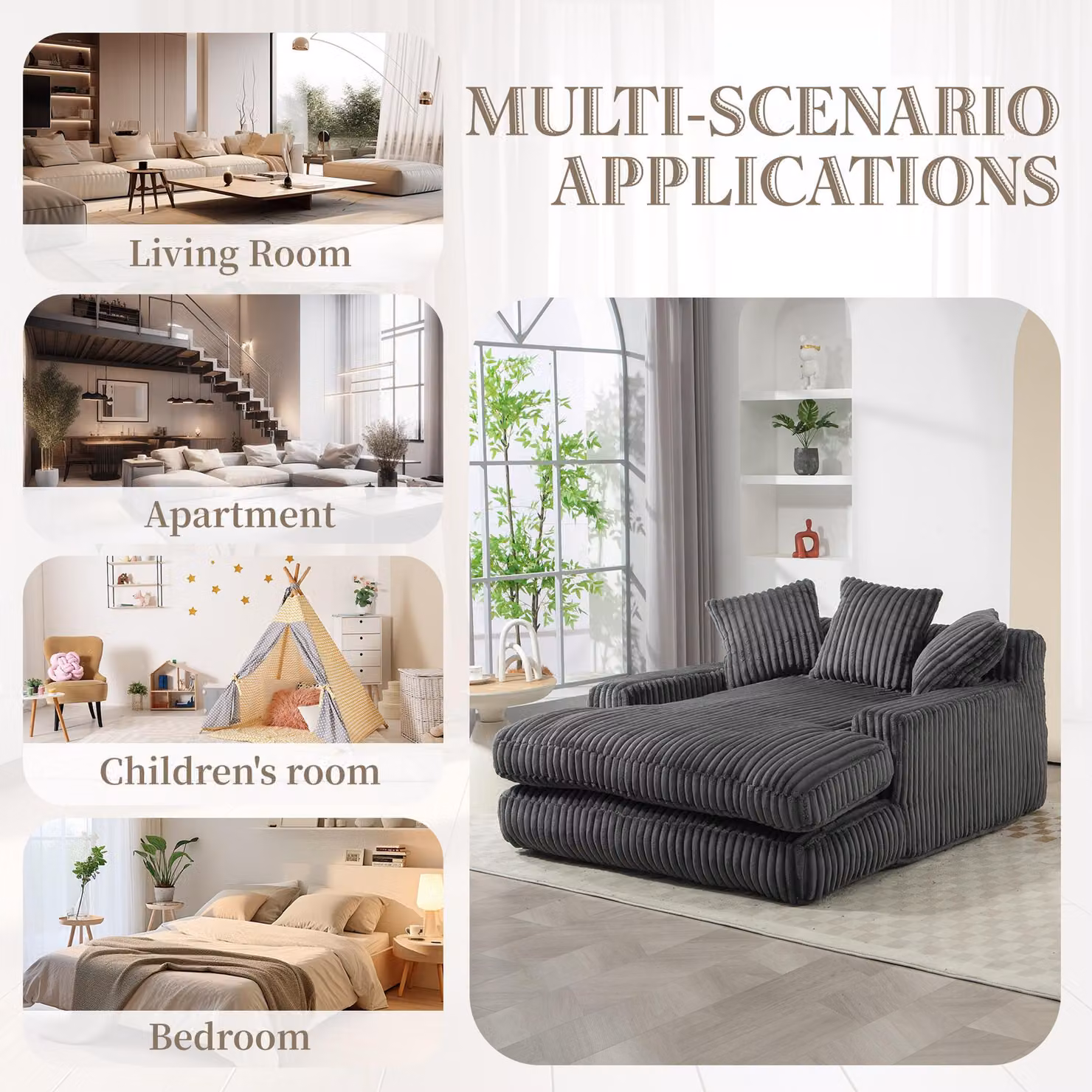 Aosom UK Oversized L-Shape Chaise Longue Sofa with 3 Throw Cushions and Wide Armrests, Grey, W/D/H: 125 x 125 x 63 cm – 3
