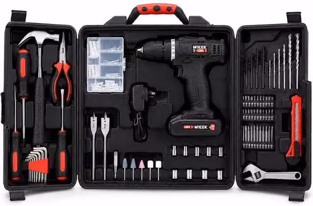 MYLEK 18V Cordless Li-ion Drill and 130 Piece DIY Home Kit with Carry Case in Black – 1