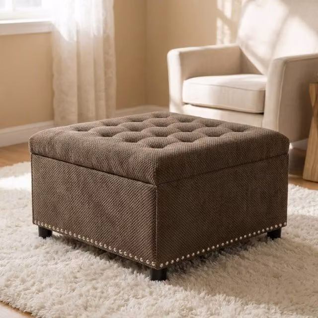 STILVORA Brown Fabric Storage Ottoman Stool with Hidden Storage and Wood Frame – 1