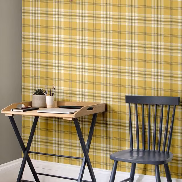 Catherine Lansfield Designer Kelso Check Tartan Wallpaper in Yellow, Grey, White and Black