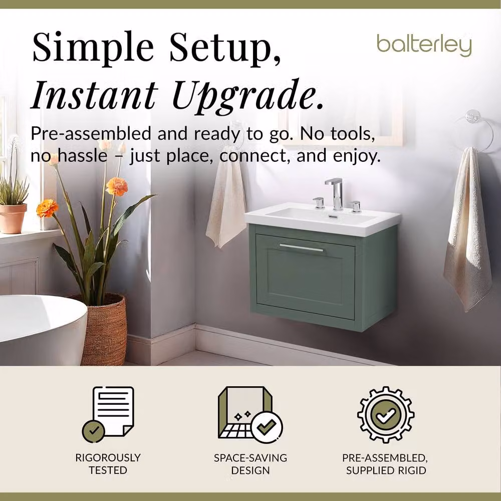Balterley Blithbury Wall Hung 1 Drawer Vanity Basin Unit, Matt Green, W: 60 cm, D: 45 cm – 2