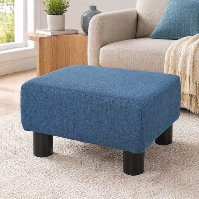STILVORA Modern Rectangular Blue Fabric Footstool with Wooden Frame – 1
