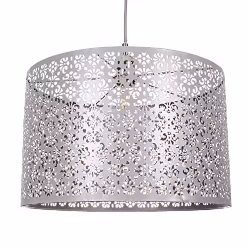 Happy Homewares Moroccan Designed Metal Circular Pendant Light Shade in Matt Grey, Diameter: 40 cm – 1