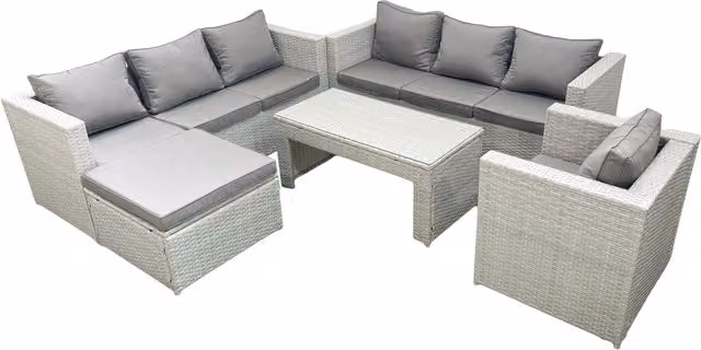Fimous Wicker PE Rattan Garden Furniture Set in Light Grey with Oblong Coffee Table, Armchair and Large Footstool
