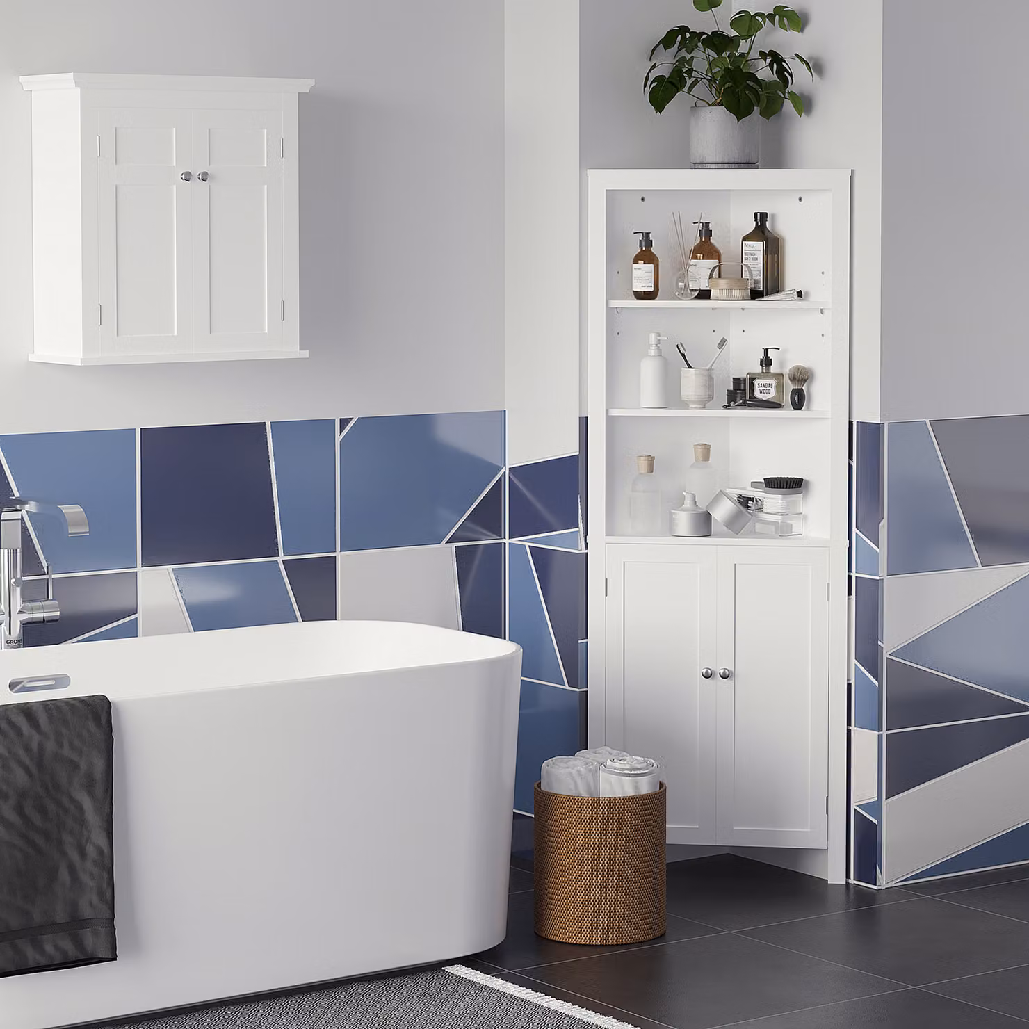 kleankin White Triangle Free Standing Corner Bathroom Cabinet with Cupboard and 3-Tier Shelves – 2