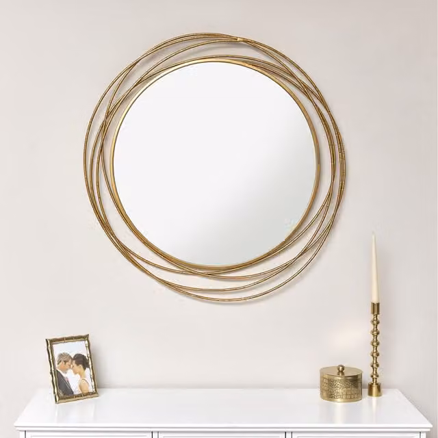Melody Maison Modern Round Gold Metal Wall Mirror, Diameter: 69 cm