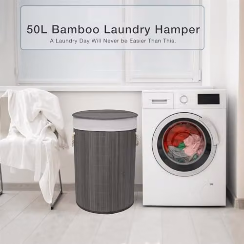 MantraRaj 50L Folding Bamboo Laundry Basket with Lid and Removable Washable Bag, Grey – 2