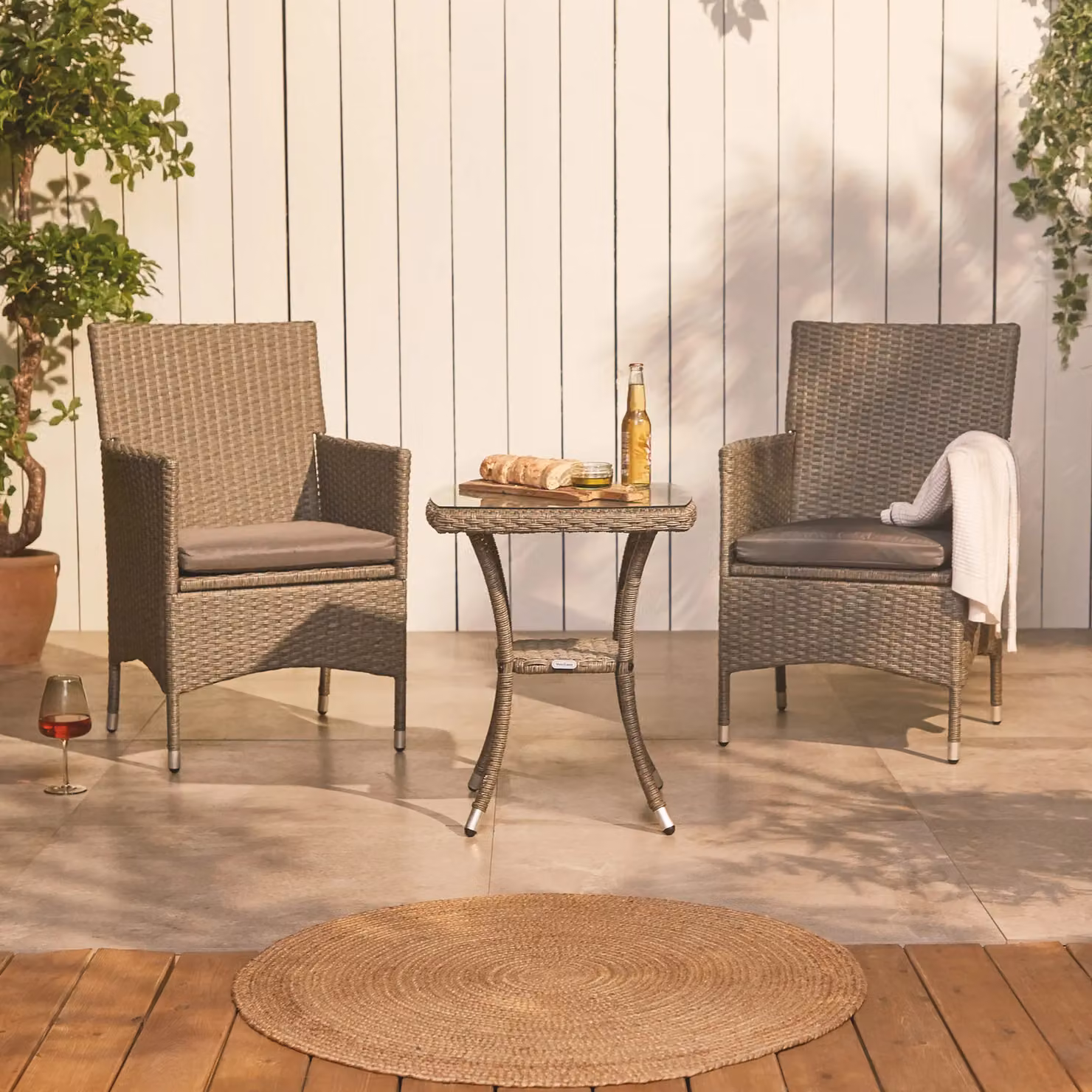 VonHaus 3 Piece Rattan Effect Garden Bistro Set with Glass Top and Polyester Cushions in Grey – 2