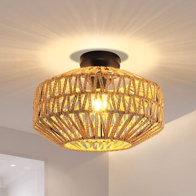 Pheashine Woven Rattan Ceiling Light with Black Base and E27 Mount in Brown – 1