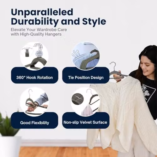 Sasha Morel 20 Pack Non-Slip Velvet Coat Hangers with Tie Organiser and Swivel Hooks in Grey – 5