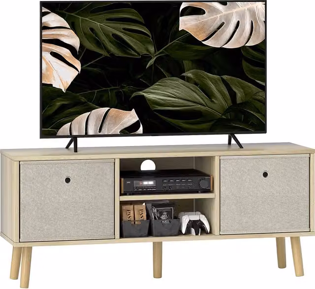 HOMCOM Natural and Beige TV Cabinet Stand Unit for TVs up to 50 inch with Foldable Drawers – 1