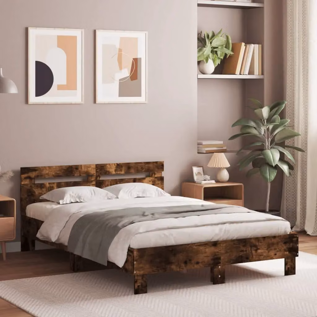Berkfield Home Small Double Bed Frame with LED Lighting and USB Charging Port in Smoked Oak Brown, W/D/H: 120 x 200 cm – 2
