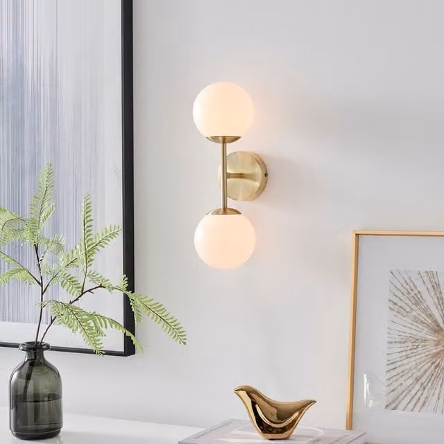 FurnitureboxUK Martha Wall Light with White Opal Glass Globe Shades and Brushed Brass