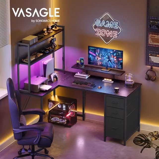 VASAGLE L-Shaped Corner Computer Desk with LED Lights and Power Outlets, Black