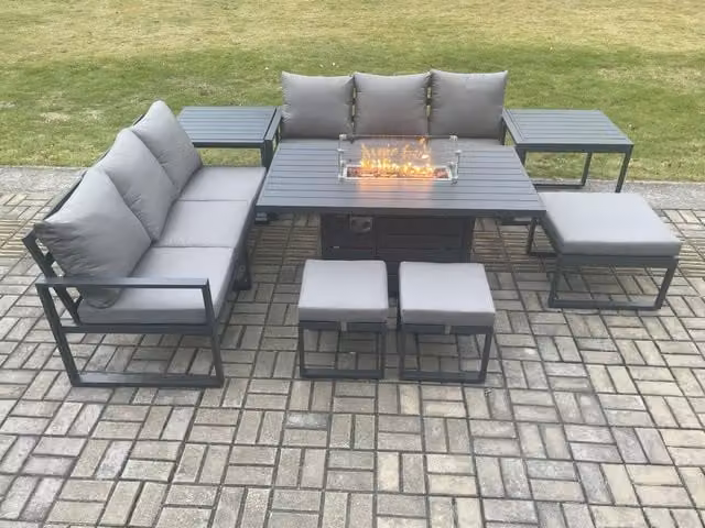 Fimous Aluminium Outdoor Lounge Sofa and Gas Fire Pit Dining Set with 3 Footstools and 2 Side Tables, Dark Grey