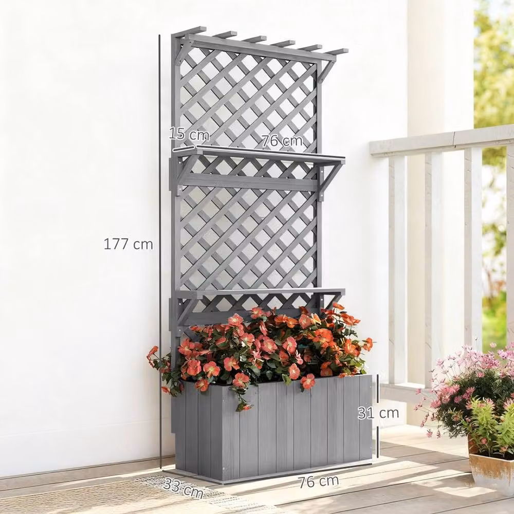 Kelvenix Grey Wooden Raised Planter with Trellis and 2 Shelves, W/D/H: 177 x 52 x 33 cm – 2