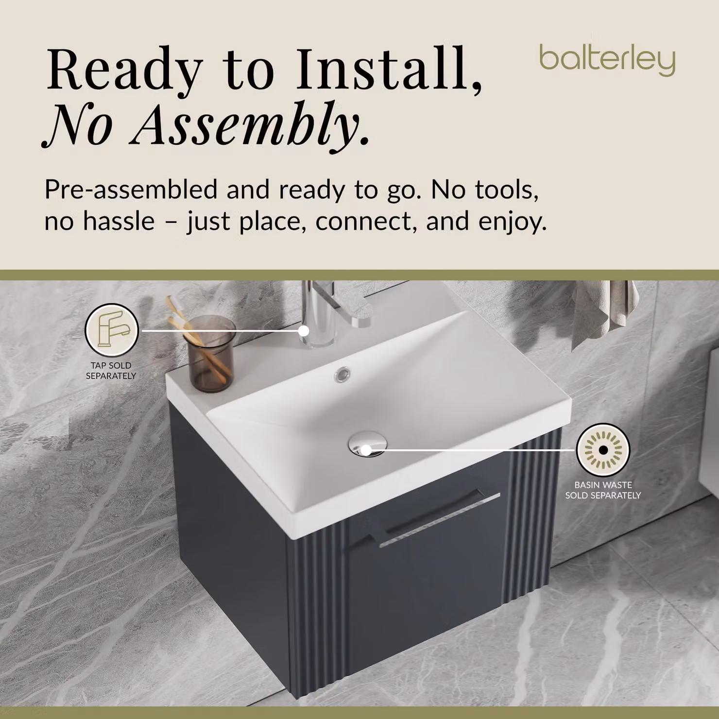 Balterley Wall Hung 1 Drawer Vanity Unit with Thin-Edge Basin, Satin Dark Grey, W: 50 cm, H: 76.4 cm, D: 50 cm – 4