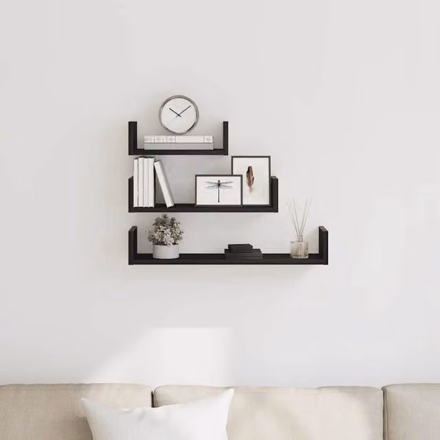 Berkfield Home Set of 3 Black Oak Decorative Wall Mounted Shelves in MDF
