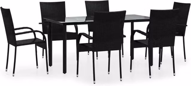 Berkfield Home 7 Piece Black Poly Rattan Garden Dining Set with Glass Top Table – 1